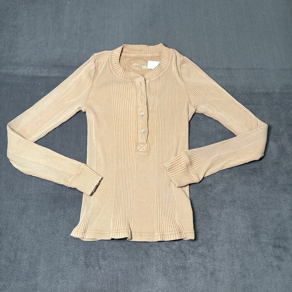 Aerie Beige Ribbed Long Sleeve Henley Top Small